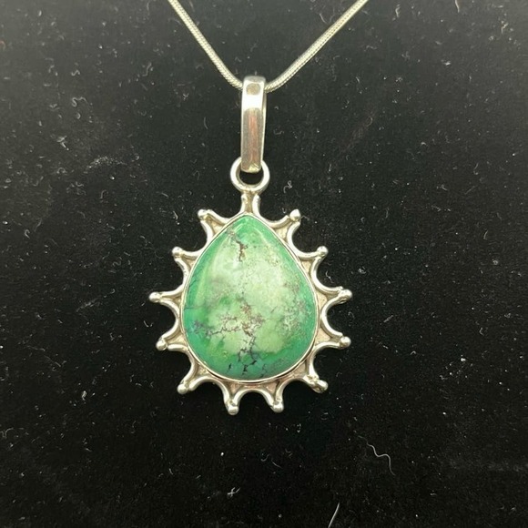 Sterling Silver Turquoise Pendant Necklace Teardrop Sunburst Southwestern Style - Picture 2 of 4